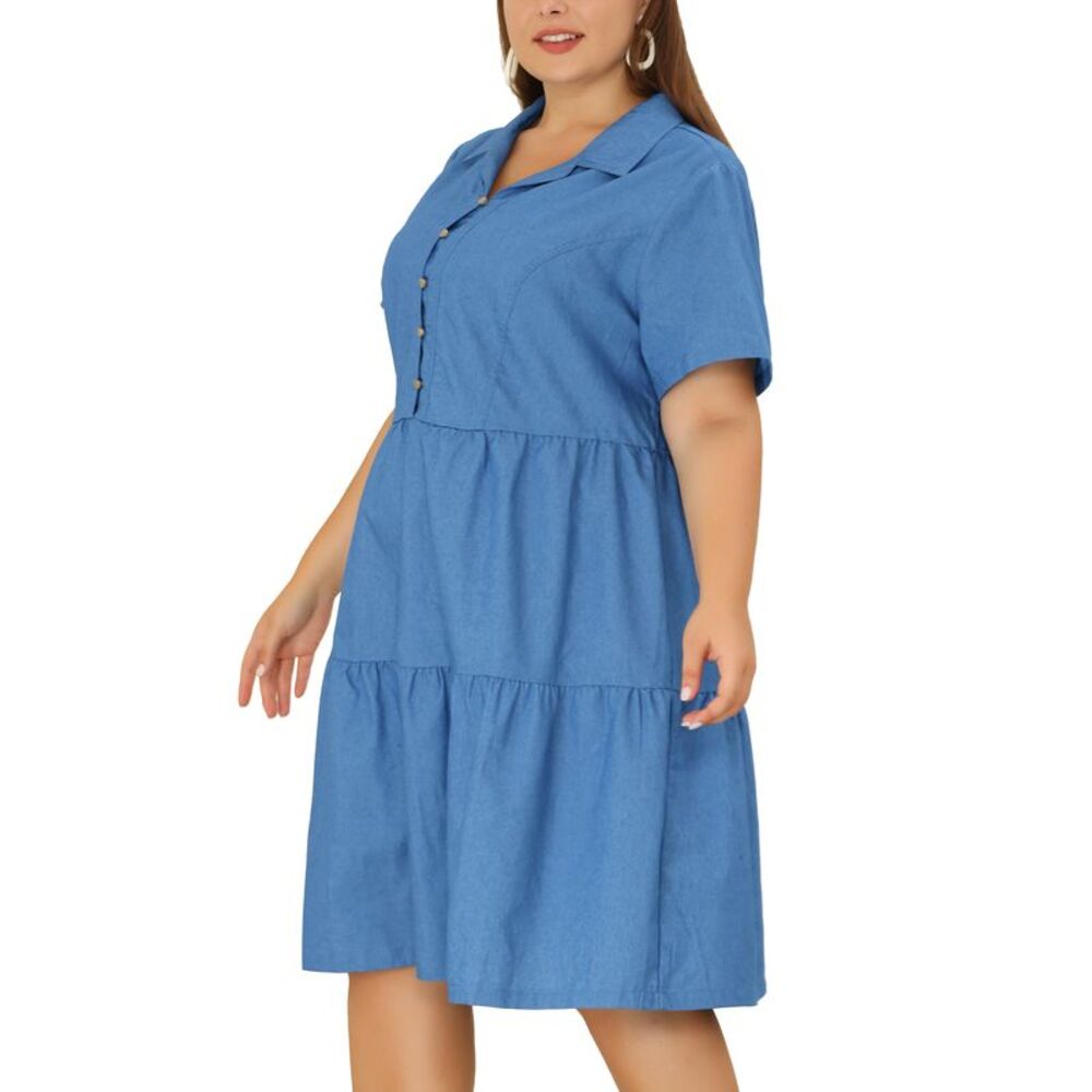 Plus Size Jean Dresses Women Button Down Tiered Short Sleeve Midi Denim Blue